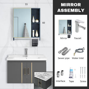COD Grey Aluminum Bathroom Cabinet Basin Set Ceramic Sink with Mirror and Shelf Basin Kabinet Bercermin Sinki Tandas