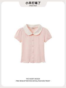 Áo Sơ Mi Cotton Tay Ngắn Mùa Hè 2025 Dành Cho Nữ Cổ Búp Bê Nút Trái Tim Màu Tương Phản Áo Thun Cotton Dài Tay Phong Cách Hàn Quốc