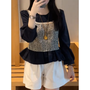 QINGNAER | French Vintage Colorblock Sparkle Vest Shirt