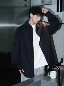 เสื้อเชิ้ตแขนยาวสีดำหลวมๆ สำหรับผู้ชาย สไตล์ญี่ปุ่นย้อนยุค เทรนด์แฟชั่น ลำลอง แจ็คเก็ตเสื้อผ้าทำงานแบบสวมใส่สบาย ฤดูใบไม้ผลิและฤดูใบไม้ร่วง