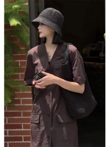 YUFUQING | Retro Korean Style Pocket Workwear Dress V Neck Casual Shirt Womens Loose Summer Fashion New Arrival Straight Cut Skirt