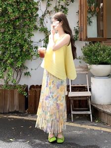 French Style Asymmetrical No-Sleeve Vest And Tassel Skirt Set Summer Vacation Casual Polyester Fiber Long Pants round Neck