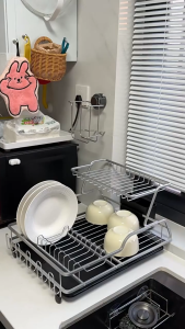 SJorage 2 Tier Dish Rack With Drain Tray And Cup Holder Aluminum & 304 Stainless Steel Kitchen Dish Rack