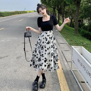 SHUFU 5102 Ready Stock Fake two pieces short sleeve dress for women plus size korean style casual floral dress maxi dresses