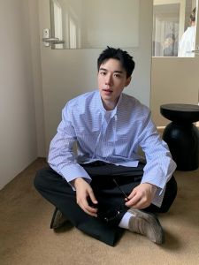 เสื้อเชิ้ตคอตั้งแขนยาวลายทางสีน้ำเงิน ทรงหลวม ผ้าโพลีเอสเตอร์ ทรงปกติ ป้องกันรอยยับ สำหรับผู้ชาย ฤดูใบไม้ร่วง