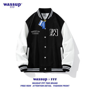 Wassup American Style Baseball Jacket Mens Thickened Loose Couple Youth Casual Long Sleeve Breathable Cotton Polyester Jacket