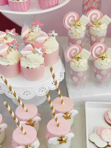 Pink Cupcake Stand Decoration Baby 100 Days Celebration Push Pop Joy Sticker Gold Star Ribbon Decorative Festival Supplies