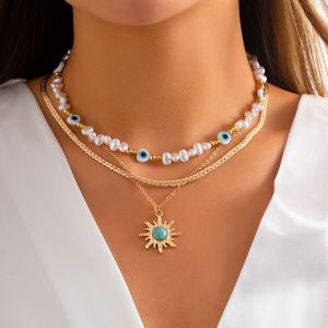 Ingemark | 3pcs/set Ethnic Sunflower Green Stone Pendant Necklace Women Vintage Imitation-Pearl Devils Eye Beaded Collar Necklace