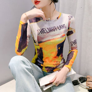 Rehin cổ tròn dài tay áo lưới in độc đáo t-thanh lịch & thoải mái Mùa Thu/Mùa Đông của phụ nữ hàng đầu