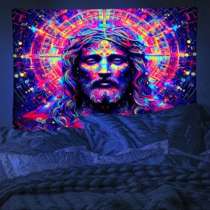 VIKAMA Blacklight Neon Đầy Màu Sắc Vương Miện Mandala Tấm Thảm Tâm Linh Chân Dung Treo Tường UV Phát Sáng Trong Bóng Tối Trang Trí Phòng Thiêng Liêng