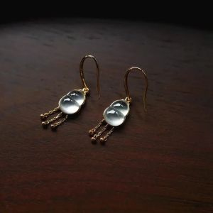 Unique Design Jade Chalcedony Gourd Ear Hooks Silver Plated Tassel Earrings