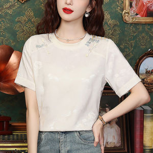 Retro Chinese Style Loose Fit Short Sleeve T-Shirt Womens Summer Thin White Button up Top Breathable Cotton Blend Casual Wear