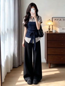Ge·an·fei | Bộ Áo Sơ Mi Kẻ Ca Rô Và Quần Ống Rộng Giả Hai Mảnh Cho Nữ Mùa Hè