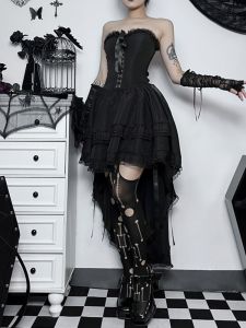 ชุดเดรสคอตีตาลสีดำ เดรสยาวปานกลาง ชุดการแสดงฮาโลวีน กระโปรงสั้น ชุดเดรสคอตีตาลสีดำ ชุดเดรสคอตีตาลสีดำ