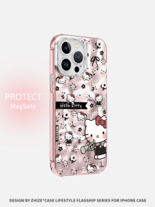 เคสโทรศัพท์มือถือแบบเต็มจอเคลือบด้วยโลหะลายคลื่นน้ำรูปแมวคิตตี้ในสวนดอกไม้สำหรับ Apple 14 pro 13 15 pro Max 12 ป้องกันการตกหล่น