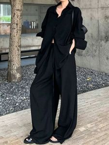 NUANPING | Cold Elegant Rich Style Black Shirt and Wide Leg Trousers Set for Office