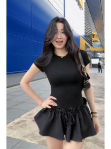 YUEZHONGWEI | Black Ice Silk Knitted Short Sleeve T-Shirt Women Summer Design Sensation Small Size Slim Fit Short Length Top Commute Style