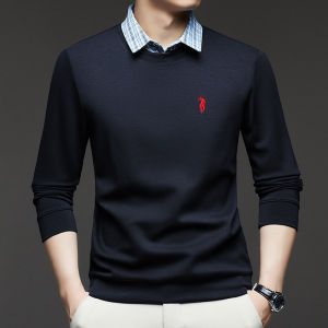 Áo Thun Nam Cổ Bẻ Thêu Cotton Pha Trộn Thời Trang Thu Đông Thường Ngày Đa Năng Áo Sơ Mi Giả Hai Mảnh