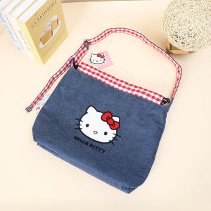 Sanrio Hello Kitty Canvas Denim Single Drawstring Shoulder Crossbody Bag Large Capacity Commuter Bag Casual Simple Style
