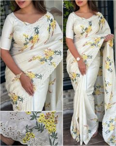 (PREORDER) LADIES ETHNIC TRADITIONAL SAREE WEAR TUSSER COTTON WITH EMBROIDERY DESIGN