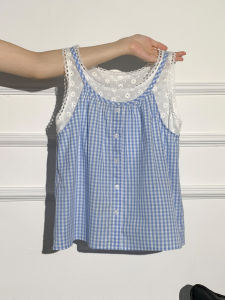 La Chapelle Lace Trim Mock Two-Piece Strap Vest Women Summer Plaid Layering Low round Neck Sleeveless Top Commute Style Loose Fit