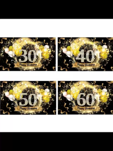 30/40/50/60th Happy Birthday Backdrop Birthday Background Black Gold polyester Cloth Reusable banner Adult HBD decor