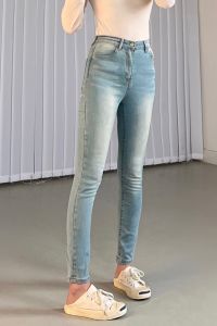 This Retro High Waist Cats Paw Denim Blue Skinny Pants