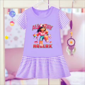 Dress Anak Perempuan Kombinasi Salur Motif ROBLOX Untuk Usia 1-8 Thn Daster Anak Motif Terbaru