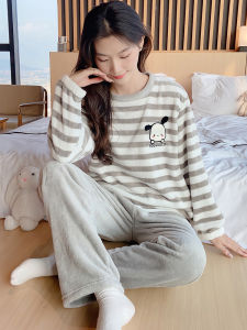 Bộ Đồ Ngủ Bằng Vải Nhung Coral Dày Dặn Mùa Thu Đông Cho Nữ Quần Dài Cổ Tròn Họa Tiết Hoạt Hình Mặc Ở Nhà Thoải Mái