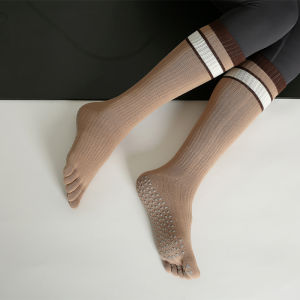 Womens High-Tube Yoga Pilates Socks Five-Fingered Anti-Slip Dance Fitness Professional Three-Color Stripe Cotton Mid-Calf Socks