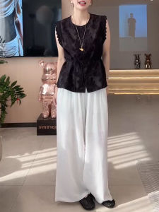 Shalldoer | Stunning Summer Outfit Two-Piece Set Single Button Sleeveless Lace Patchwork Shirt Wide Leg Pants Womens Fashion Retro Style Casual Wear