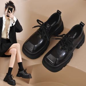 FAD ZOMO Womens Metal Square Head Flats Thick Bottom Casual Shoes British Style Leather Shoes Spring Autumn Seasonal Wear