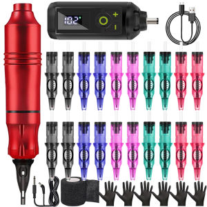 ชุดเครื่องสักลายแบบปากกาลูกลื่นพร้อมชุดเครื่องสักลายไร้สาย เข็มสักแบบตลับสำหรับผู้เริ่มต้น