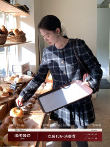 Fashionable Retro Slim Fit Plaid Pattern Set Large Flower Quiet Luxury Korean Artistic Style Long Sleeve Button up Womens Suit