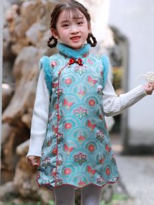 New Chinese Style Childrens Cheongsam Winter Thickened Cotton Vest Dress Year-End Visit Traditional Tang Costume Girls Dress