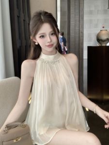 GUZILIAN | French Elegant Glowing Diamond Backless Tank Top Womens Loose Summer Beauty Shirt Polyester Fiber Round Neck Thin Model