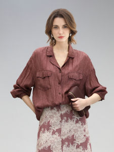 COCOBELLA | Heavy Embellishment Wine Red Pleated Long Sleeve Shirt