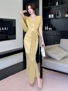 Fashionable Korean Style Sequin Tight Bodycon Long Dress Pure Color Wrap around Skirt High Waist A-Line Dress Spring 2025