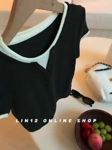 Áo Thun Henley Cổ V Patched Màu Đen Kẻ Chân Ái Giả Hai Lớp Ôm Sát
