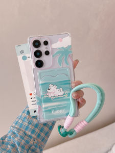 Blue Cute S25Ultra Phone Case with Lanyard Anti-Fall Protection for Samsung Note20 A55 A54 A16 Models Beach Dog Design Card Holder
