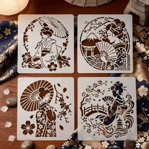 4Pcs Japanese Geisha Pattern Stencils Reusable Cherry Blossom Mount Fuji Templates for DIY Craft Home Wall Fabric Painting