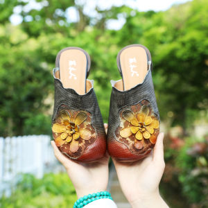 New Chinese Style Womens Sandals Slip-On Breathable Leather Slipper Summer Outdoor Wear Floral Embellished Flat Heel Sandal