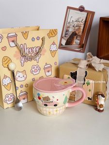 Cute Gift Bear Ceramic Mug with Lid and Spoon