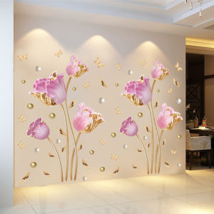 Living Room Wall Decor Stickers Self Adhesive PVC Tulip Bedroom Headboard Arrangement Stickers Waterproof Plant Floral Pattern