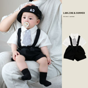 ชุดเสื้อเชิ้ตผ้าฝ้ายแท้สไตล์เกาหลีสำหรับเด็กชายอายุ 1 ขวบ พร้อมเข็มขัดและกางเกงขาสั้น ชุดลำลอง สไตล์วิทยาลัย ชุดแฟชั่น 2 ชิ้น