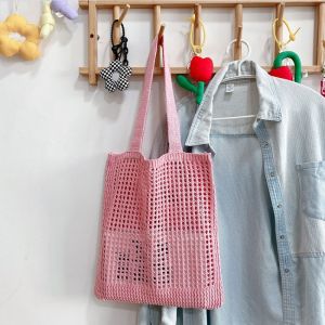 【Fashion Park】♬ Women Hollow Knitted Shoulder Bag Simple Crochet Tote Designer Shopper Handbags