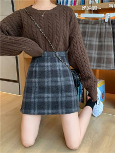 plus Size Plaid Woolen Mini Skirt High Waist A-Line Spring Autumn New Style Retro Coffee Color Womens Commuter Korean Style