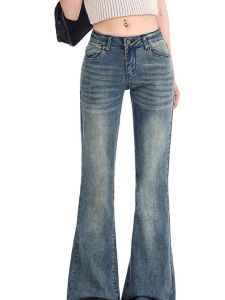 Retro American Denim Flared Jeans Womens Spicy Low Waist Slim Wide Leg Elastic Horse Hoof Pants Standard Fit Spring Autumn