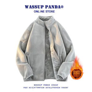 Wassup Panda Thickened Fleece Double-sided Lamb Velvet Open Cardigan Sweatshirt Mens Autumn Winter Fashion Brand Stand Collar Jacket