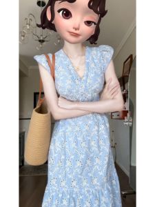 ชุดเดรสยาวปานกลางปักลายดอกไม้คอวีสไตล์ฝรั่งเศสสำหรับผู้หญิงในฤดูร้อน ชุดเดรสยาวปานกลางแขนกุดทรงเอเข้ารูป